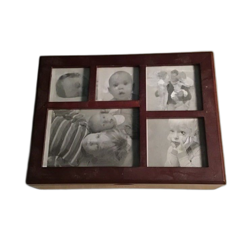 Vintage Mahogany Finish 5-Photo Collage Memory Box Wooden Keepsake Chest